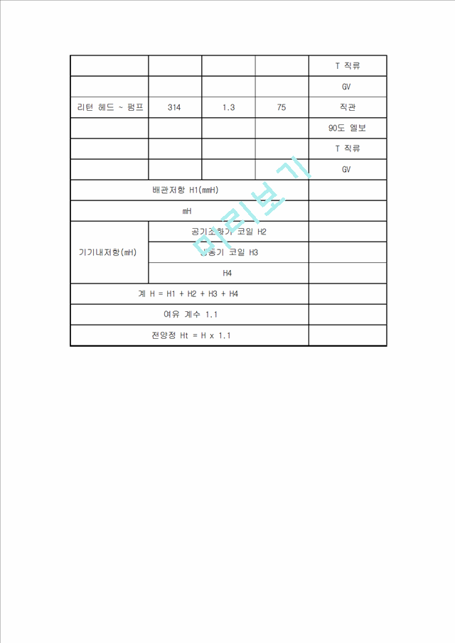 [공학]공조설비설계 냉수 배관의 마찰저항 계산(냉동기).xls